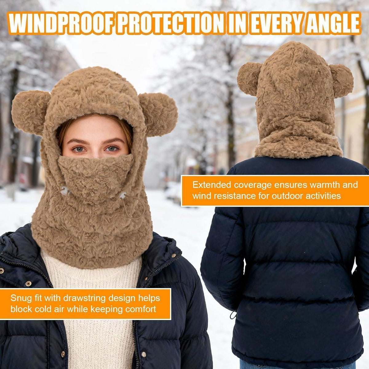 Damen Balaclava mit Bärenohren – Wintermütze, Schal & Maske