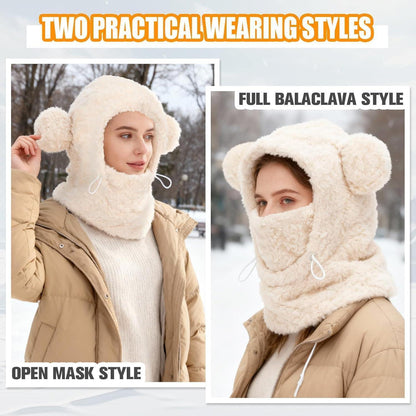 Damen Balaclava mit Bärenohren – Wintermütze, Schal & Maske