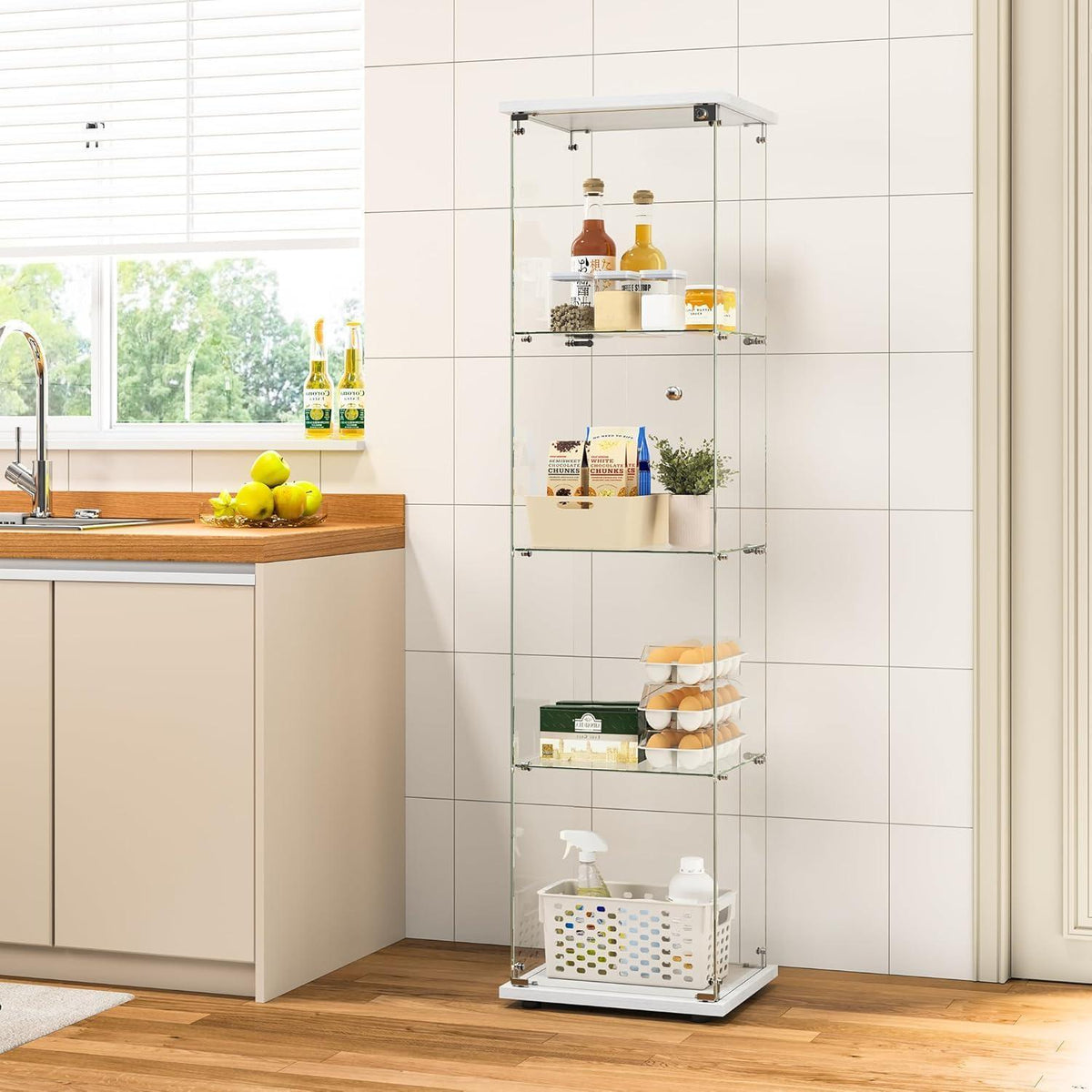 Glasvitrine mit Schloss & 4 Einlegeböden - 164x42x36cm Weiß