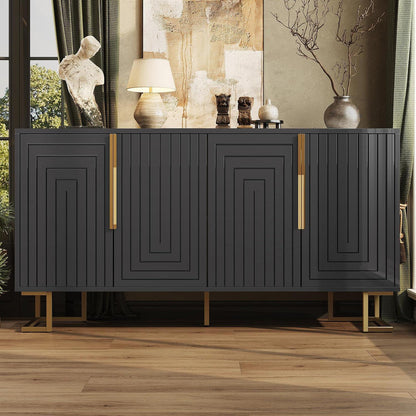 Sideboard Schwarz mit 2 Türen & 4 Fächern – Geometrisches Design