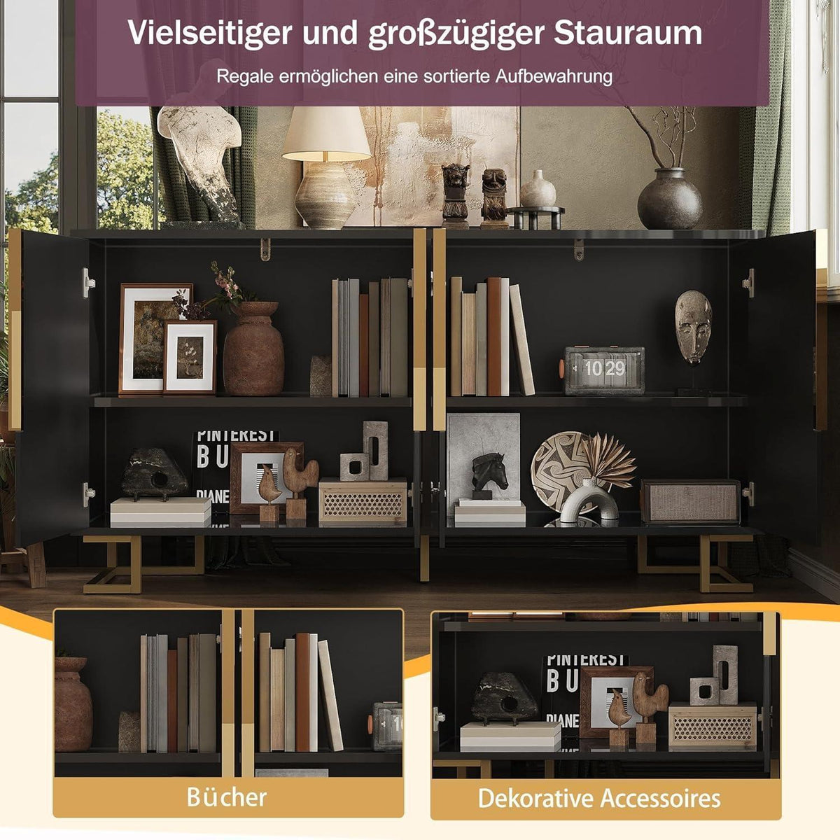 Sideboard Schwarz mit 2 Türen & 4 Fächern – Geometrisches Design