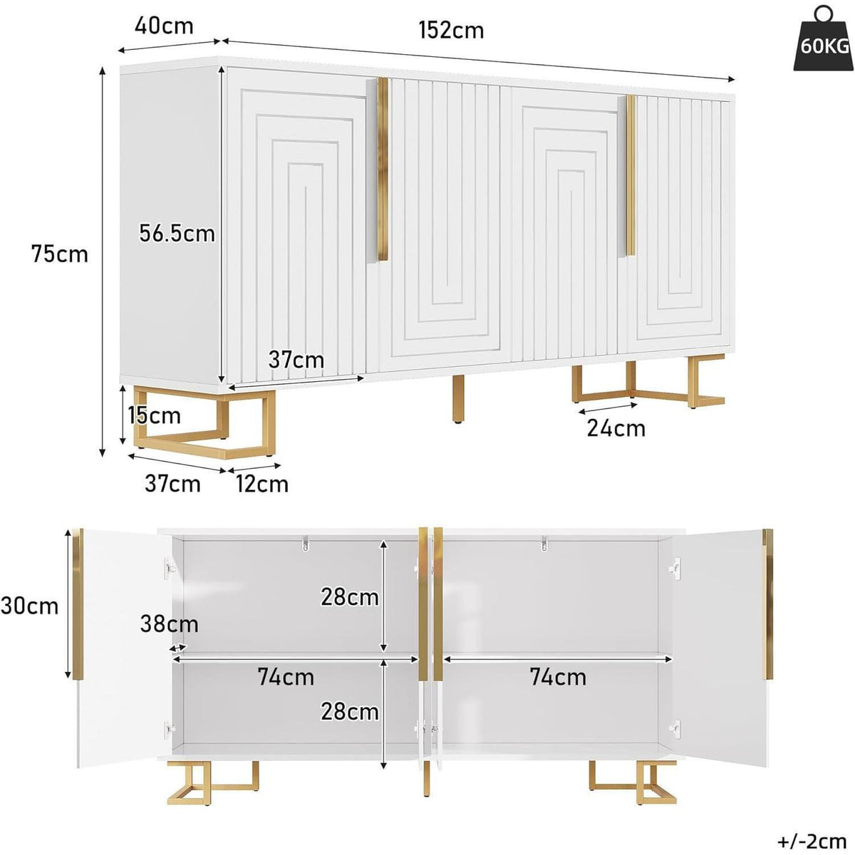 Weißes Sideboard mit 2 Türen & 4 Fächern – Geometrisches Design