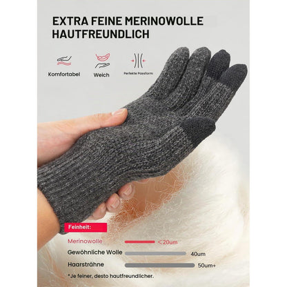Warme Winterhandschuhe Merino Wolle Touchscreen Grau L