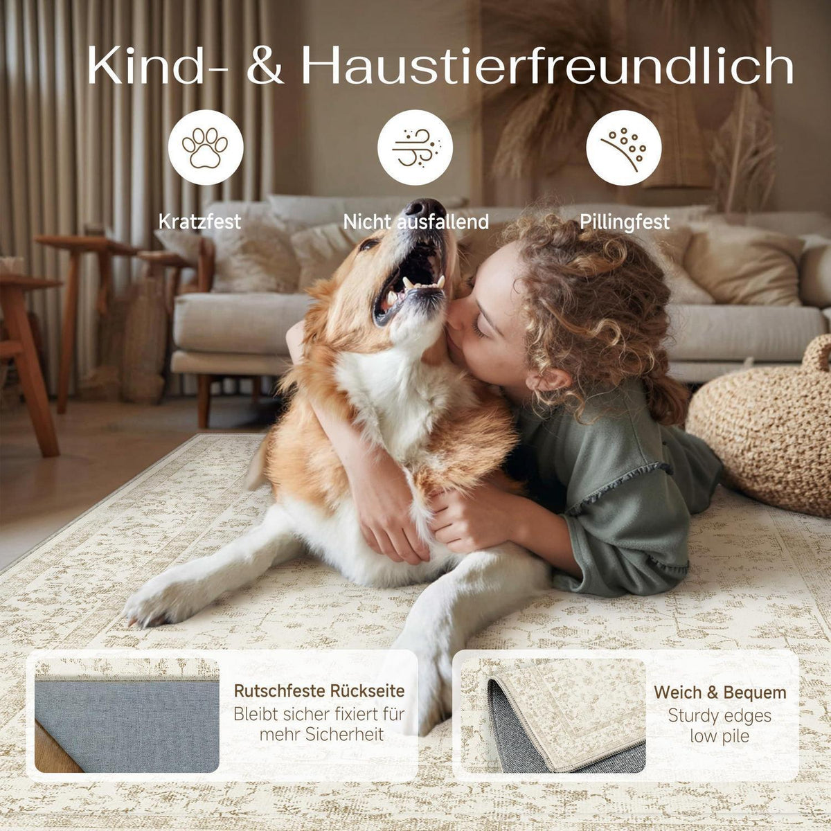 Beiger Wohnteppich 160x230cm – Waschbar & Rutschfest