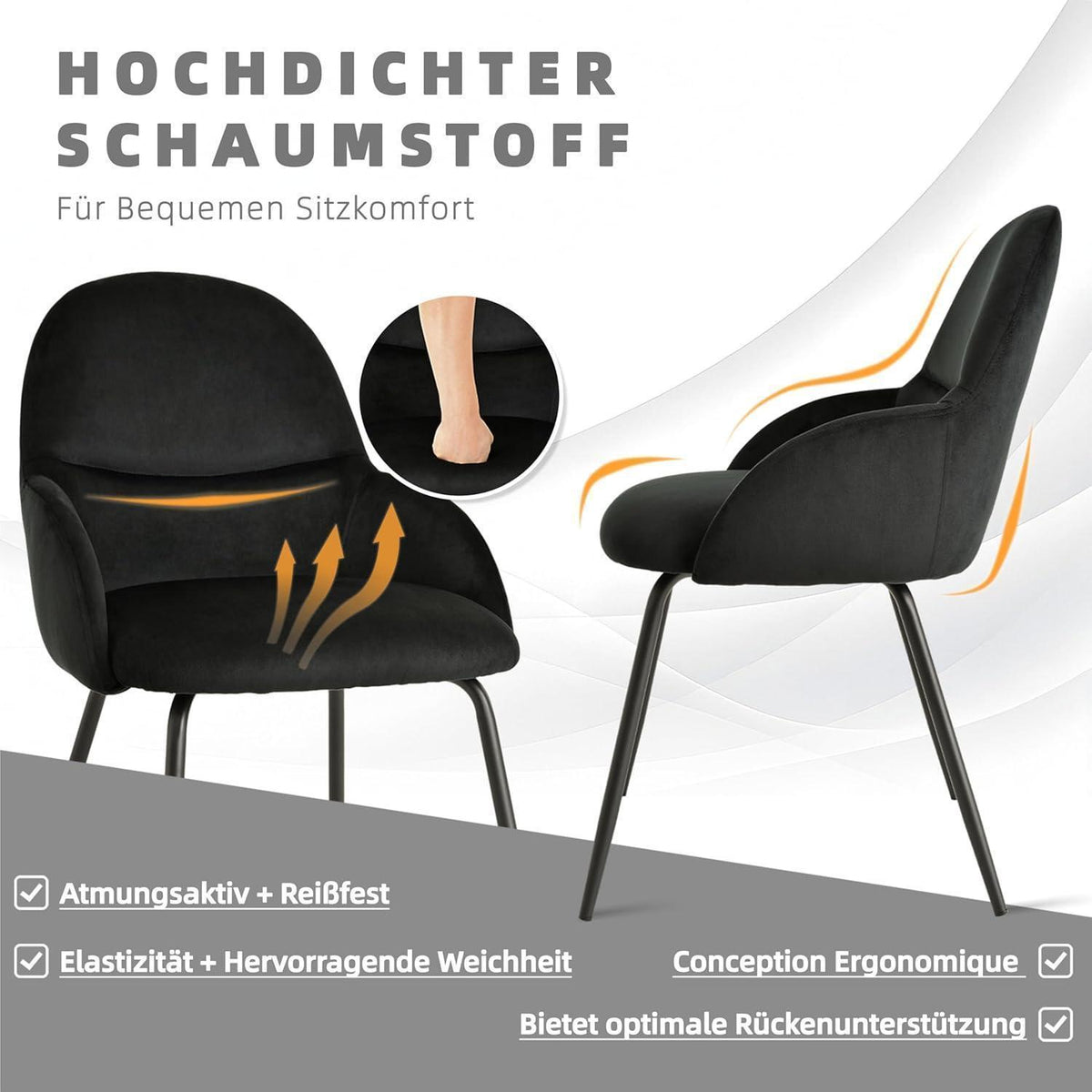 Esszimmerstühle 6er Set mit Armlehne – Schwarz, Samt & Metall