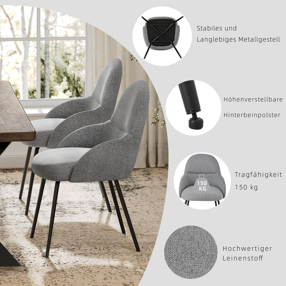 Esszimmerstühle 4er Set mit Armlehne – Hellgrau & Modern
