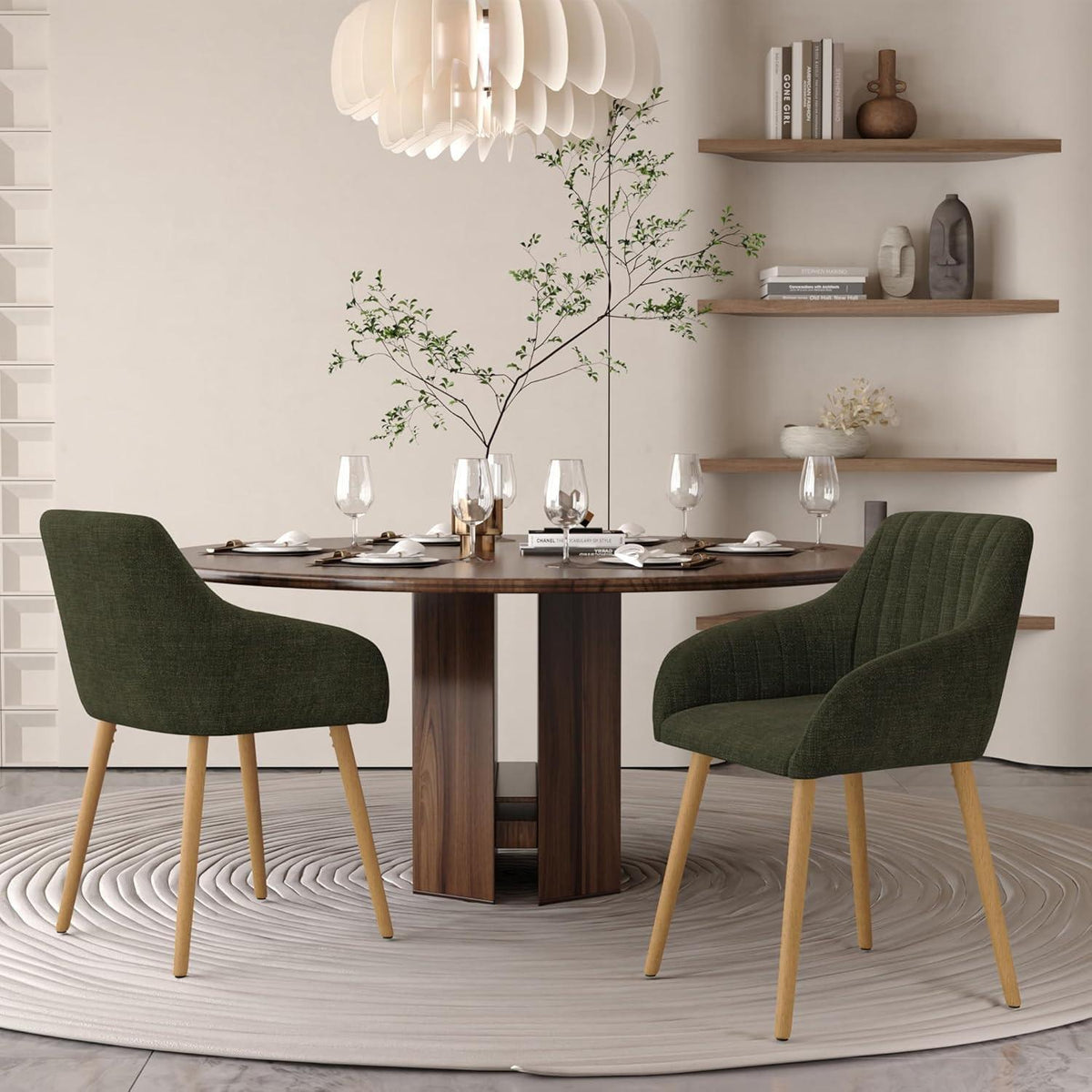 Esszimmerstühle Set 6 beige Holzbeine mit Armlehne & Samtgrün