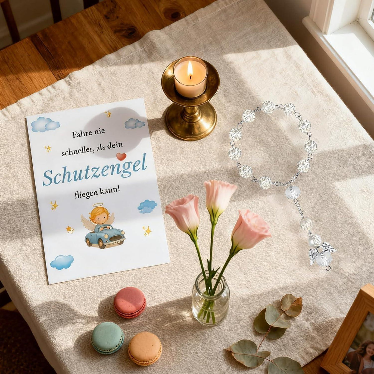 Schutzengel Auto Anhänger mit Rosenkranz – Glücksbringer Auto Deko