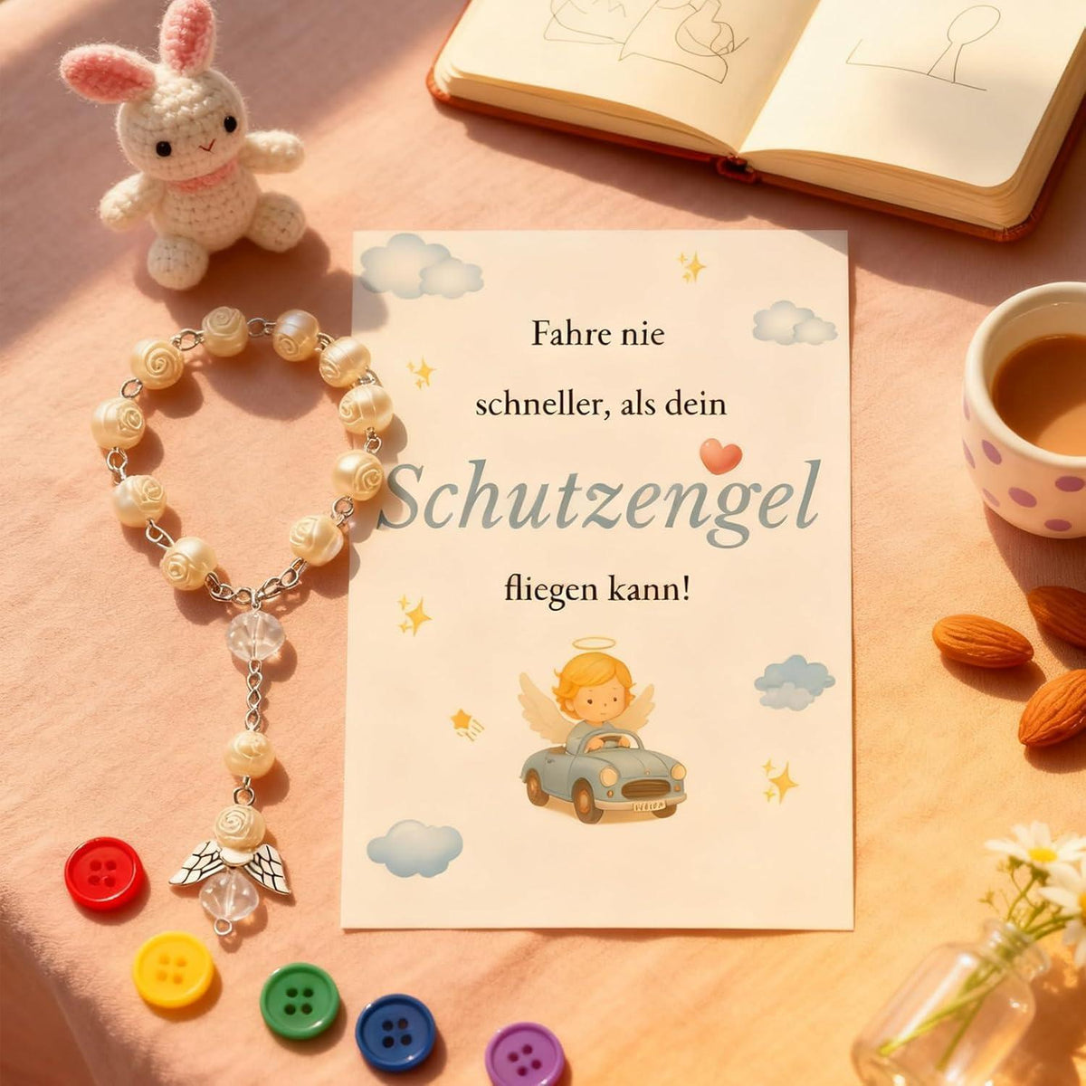 Schutzengel Auto Anhänger mit Rosenkranz – Glücksbringer Auto Deko
