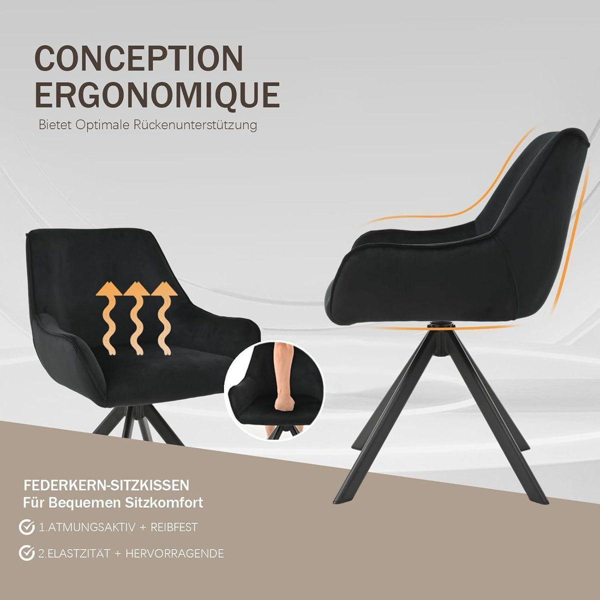 Drehbarer Esszimmerstuhl Set 6er – Samt, Schwarz, Modern