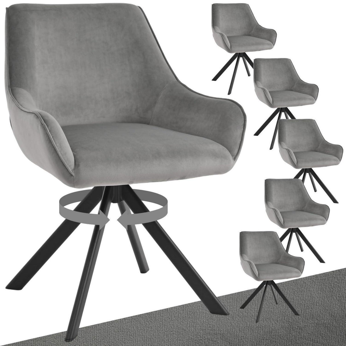 Drehbarer Esszimmerstuhl Set 6er – Samt, Hellgrau, Modern