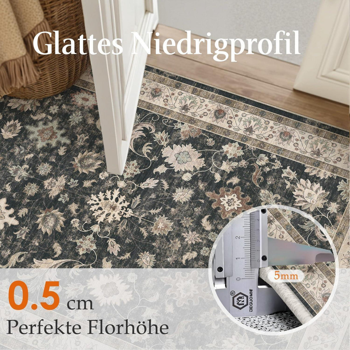 Waschbarer Teppich Schwarz 300x400cm – Vintage Wohnzimmerteppich