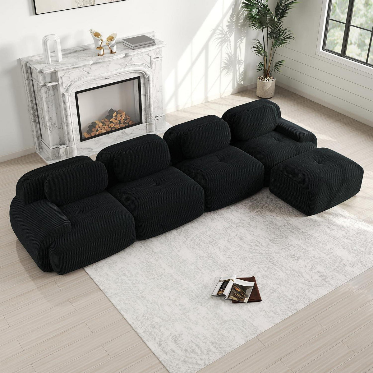 L-förmiges Sofa Cord Schwarz (4-Sitzer + Hocker) für Wohnzimmer