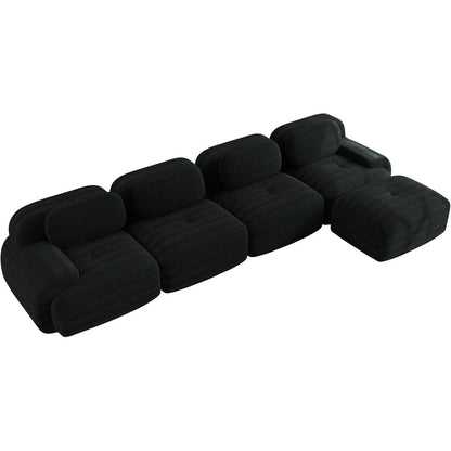 L-förmiges Sofa Cord Schwarz (4-Sitzer + Hocker) für Wohnzimmer