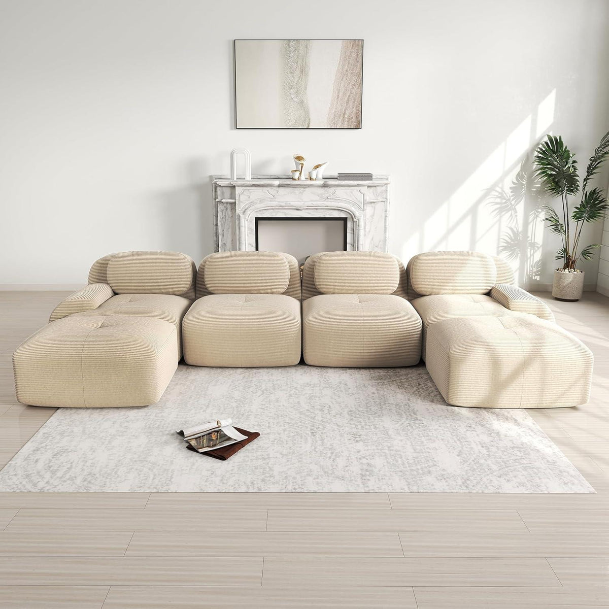 U-förmiges Cord Sofa (4-Sitzer + 2 Hocker) Beige