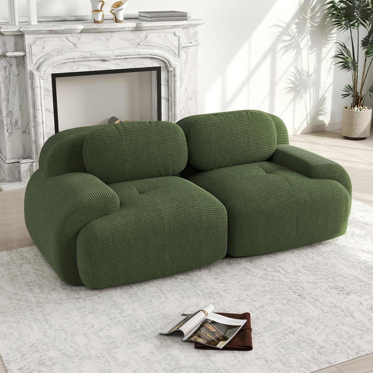 2-Sitzer Sofa Grün – Cord Stoff Couch für Wohnzimmer