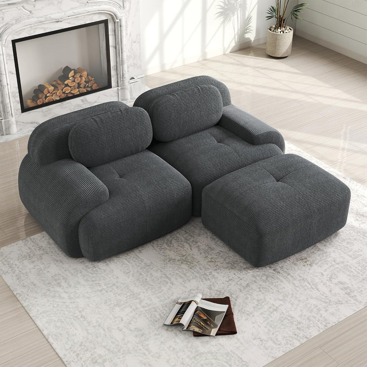 Modulares Cord Sofa 2-3 Sitzer Grau – Wohnzimmer Couch mit Hocker
