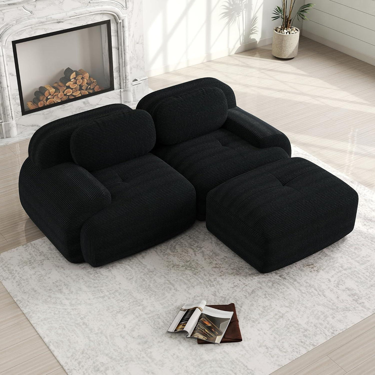 Modulares 2-3 Sitzer Cord Sofa Schwarz mit Hocker