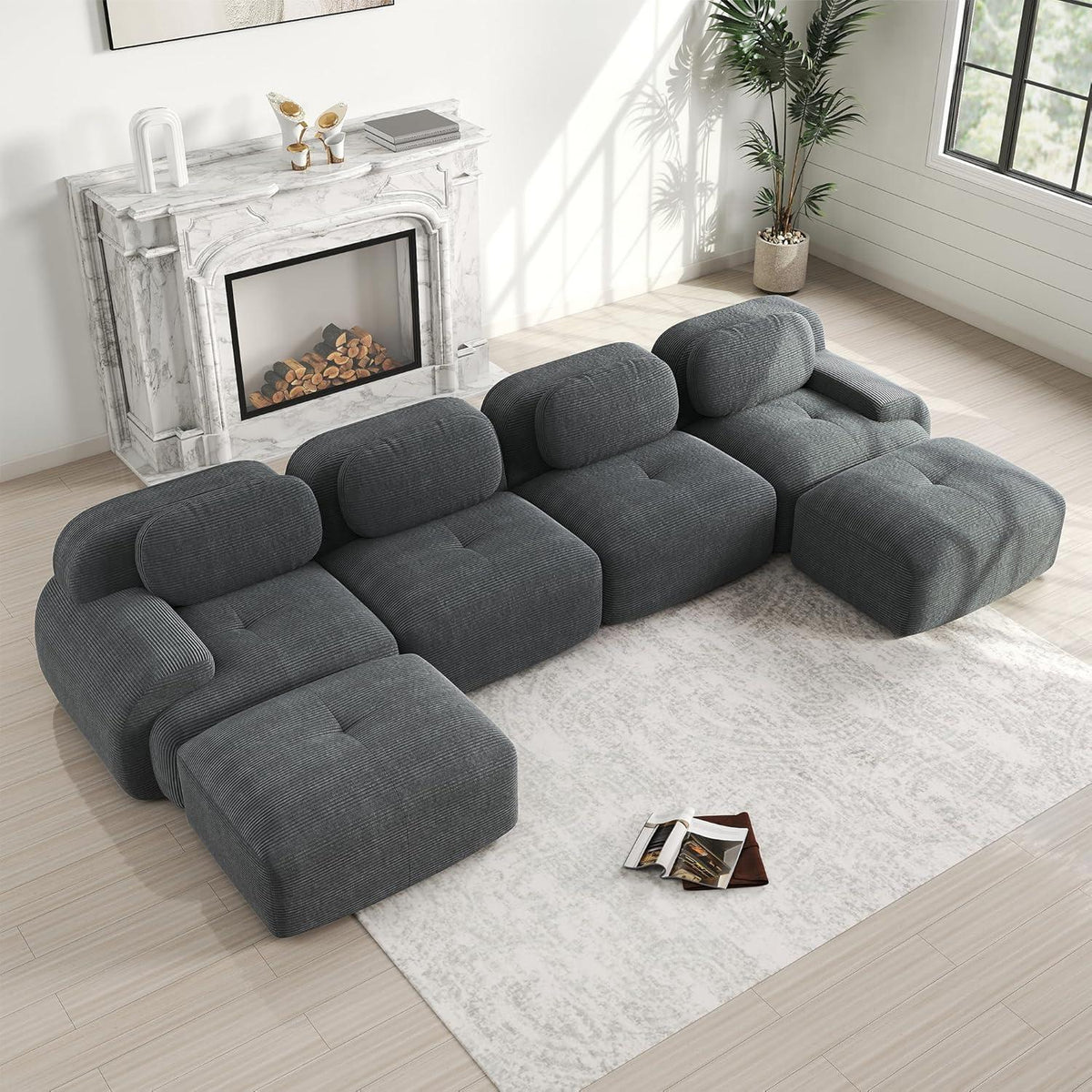 Graues U-förmiges Sofa mit Cordstoff (4-Sitzer + 2 Hocker)