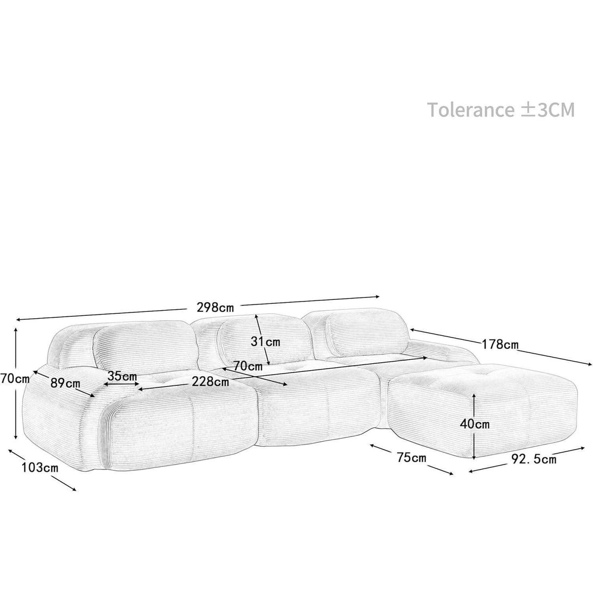 Modulares L-Form Sofa Cord Stoff Beige (3-Sitzer + Hocker)