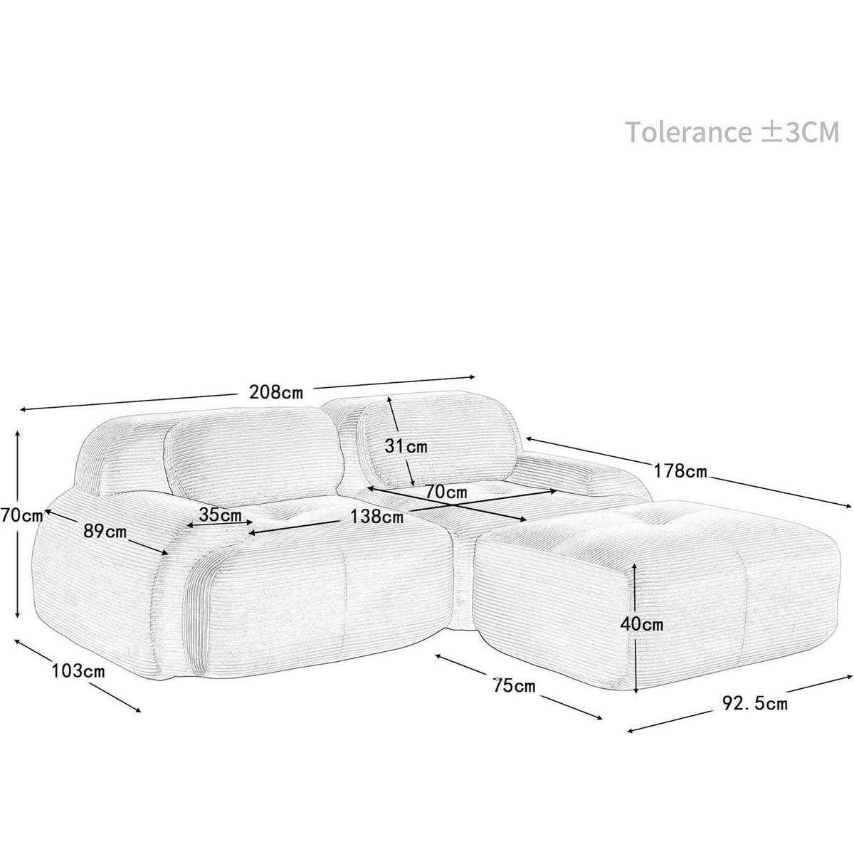 2-3 Sitzer Cord Sofa Beige – Modulares Wohnzimmer Sofa mit Hocker