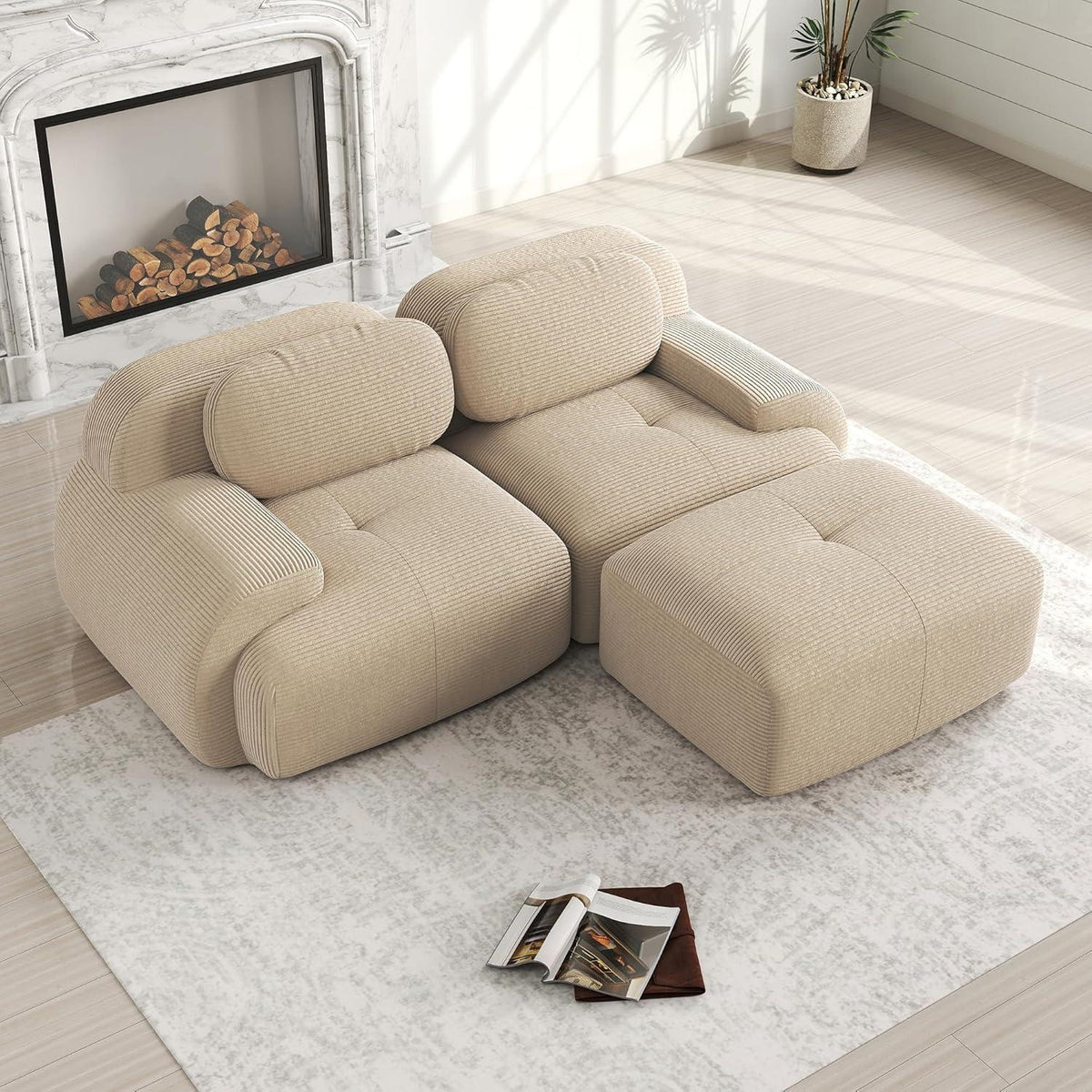 2-3 Sitzer Cord Sofa Beige – Modulares Wohnzimmer Sofa mit Hocker