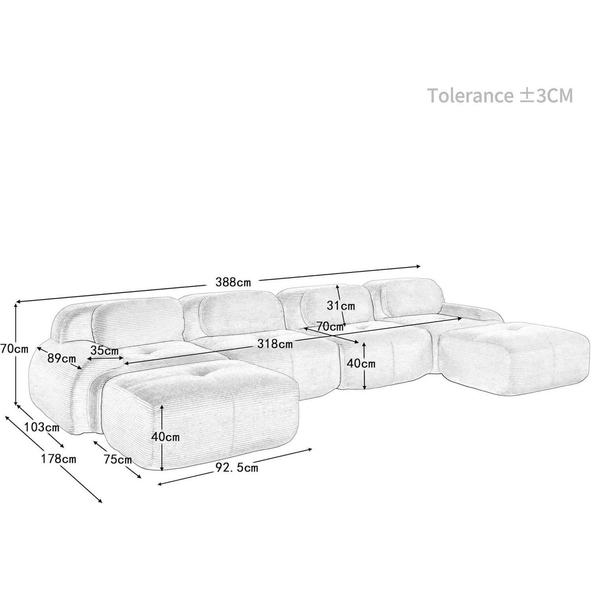 Grünes U-förmiges Sofa mit Cordstoff (4-Sitzer + 2 Hocker)