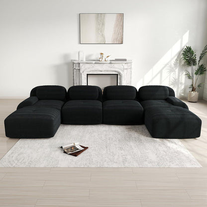 U-förmiges Cord Sofa (4-Sitzer + 2 Hocker) Schwarz