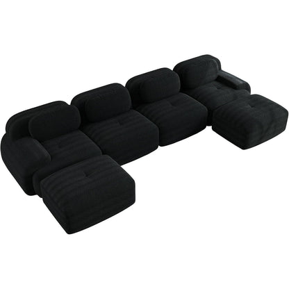 U-förmiges Cord Sofa (4-Sitzer + 2 Hocker) Schwarz