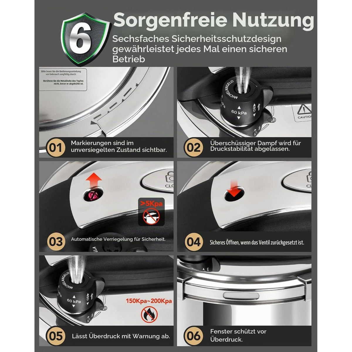 6L Edelstahl Schnellkochtopf 3-in-1 für Induktion