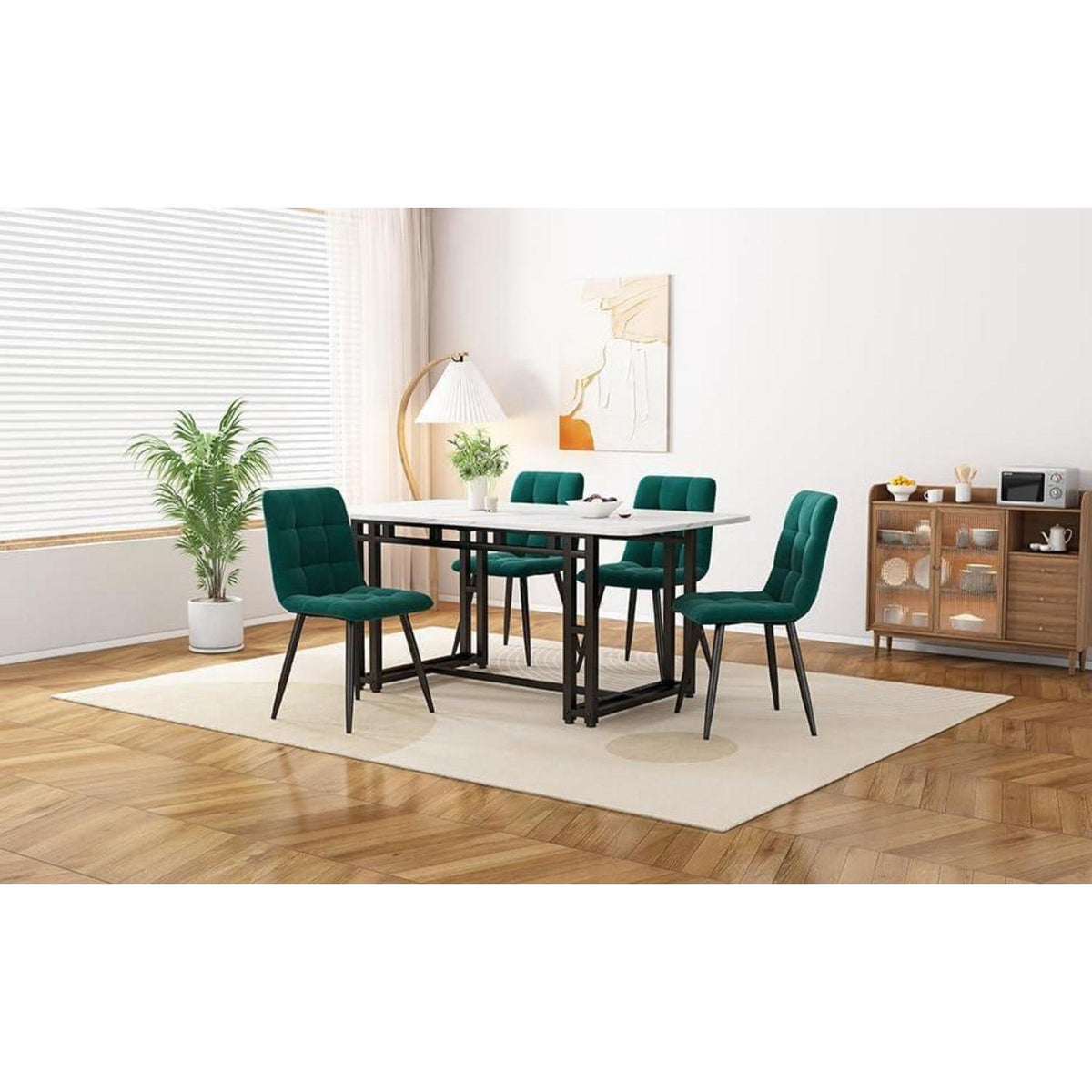 Modernes Esstisch Set mit 4 Samtstühlen (Grün & Schwarz)