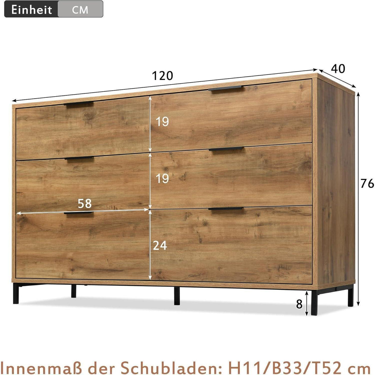 Sideboard Holz mit 6 Schubladen – Kommode für Schlafzimmer & Wohnzimmer