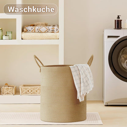 Großer Geflochtener Wäschekorb 100L mit Baumwollhenkeln