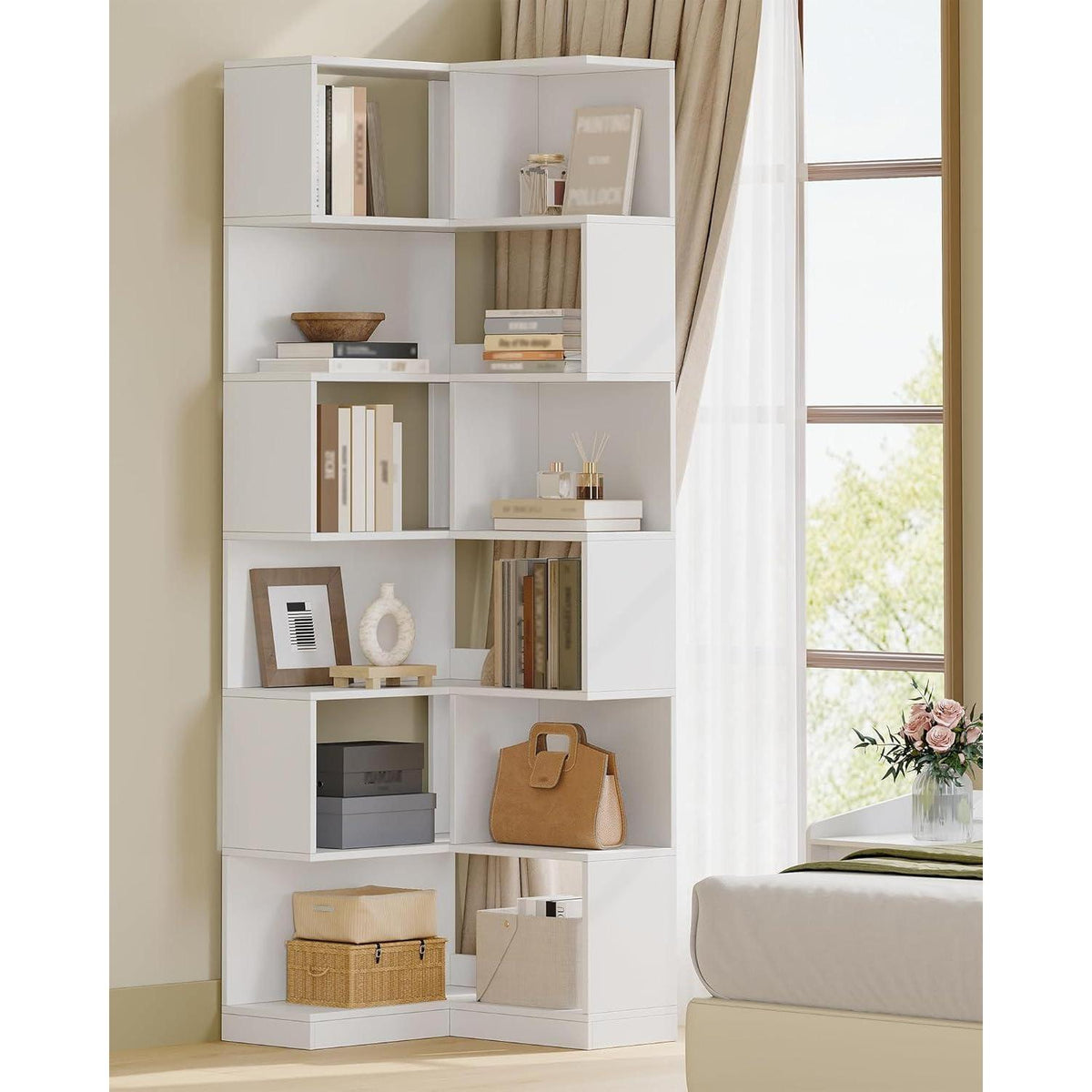 7-Stöckiges Eckregal Weiß – L-förmiges Bücherregal für Wohnzimmer