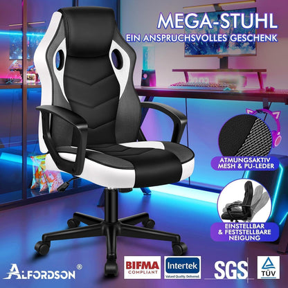 Ergonomischer Gaming-Stuhl mit mittlerer Rückenlehne, Weiß Mega