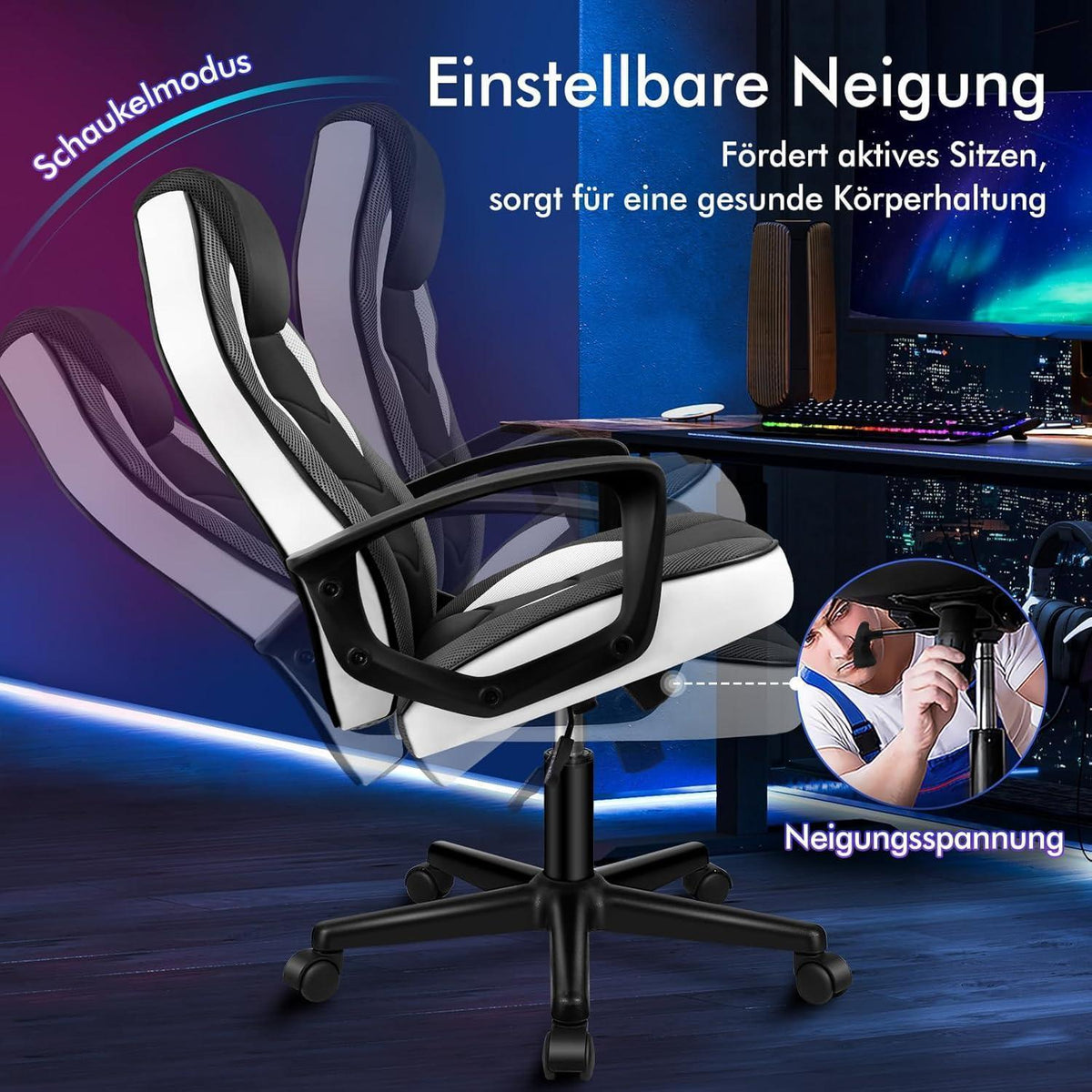Ergonomischer Gaming-Stuhl mit mittlerer Rückenlehne, Weiß Mega