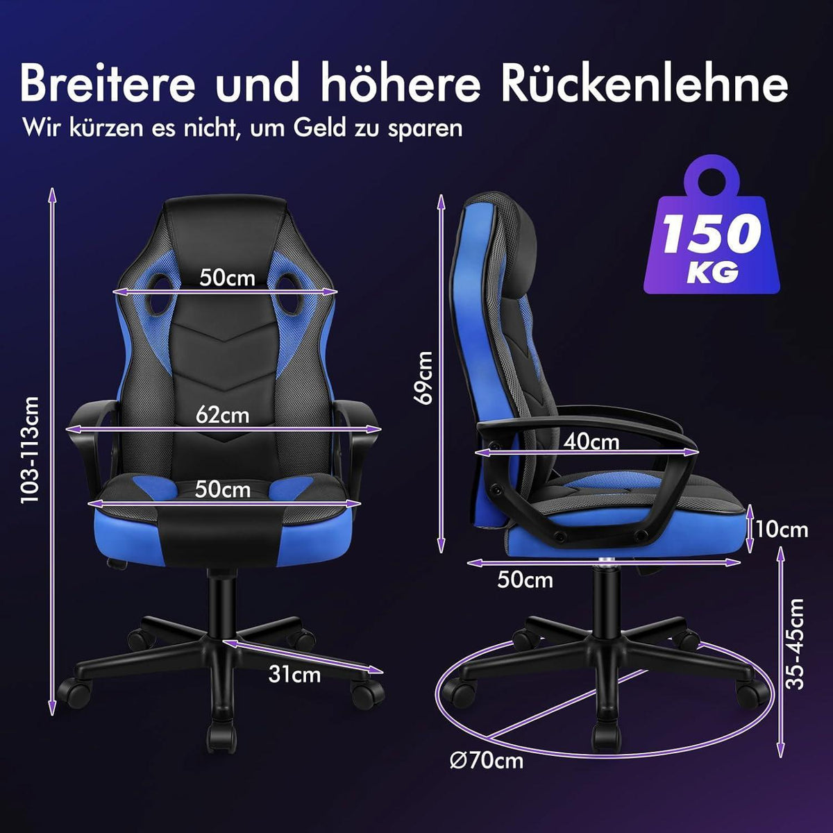 Ergonomischer Gaming-Stuhl mit mittlerer Rückenlehne, Blau