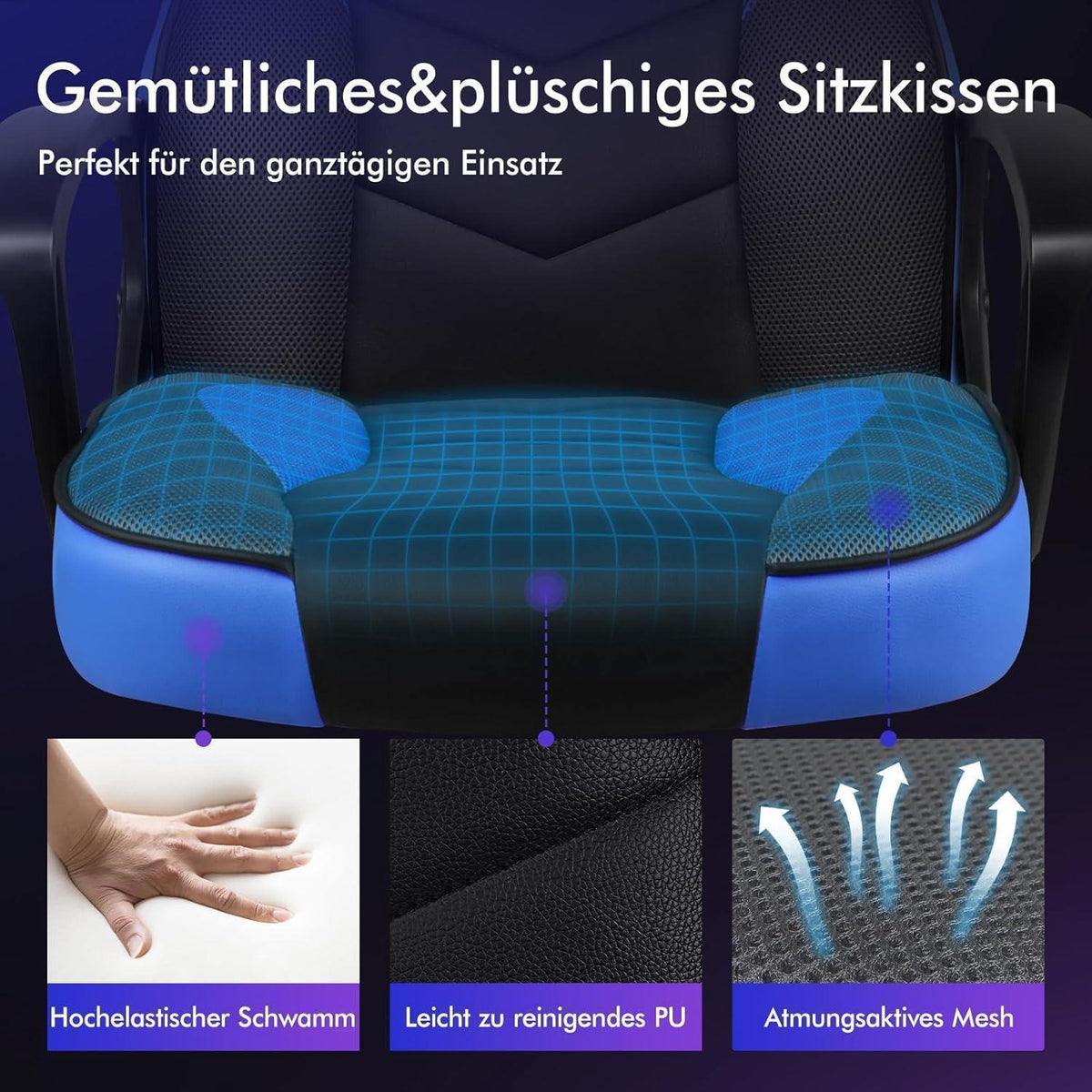 Ergonomischer Gaming-Stuhl mit mittlerer Rückenlehne, Blau