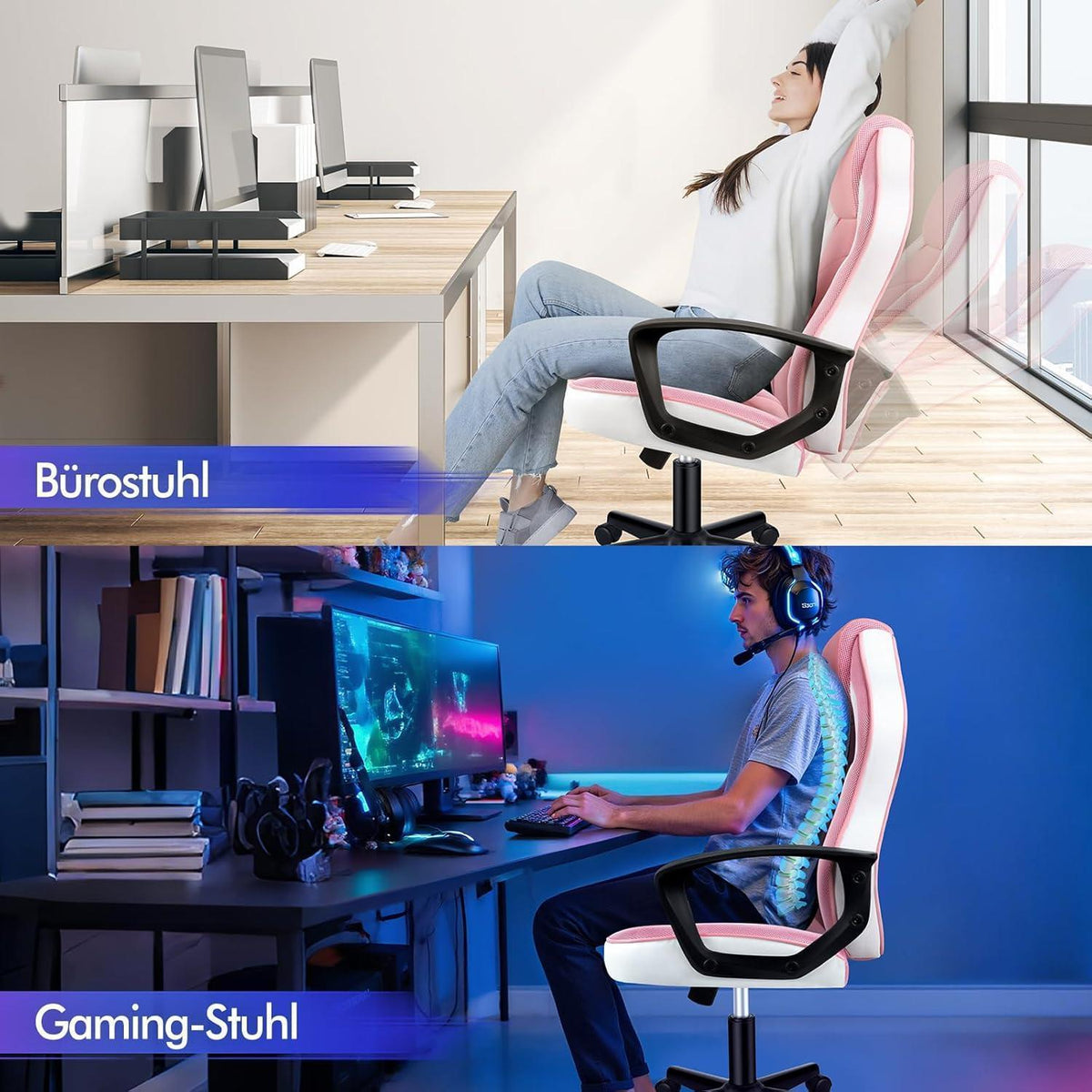 Ergonomischer Gaming-Stuhl mit mittlerer Rückenlehne, Rosa Mega