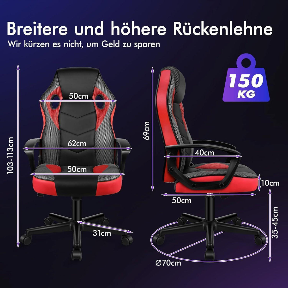 Ergonomischer Gaming-Schreibtischstuhl Rot Mega, 150 kg belastbar