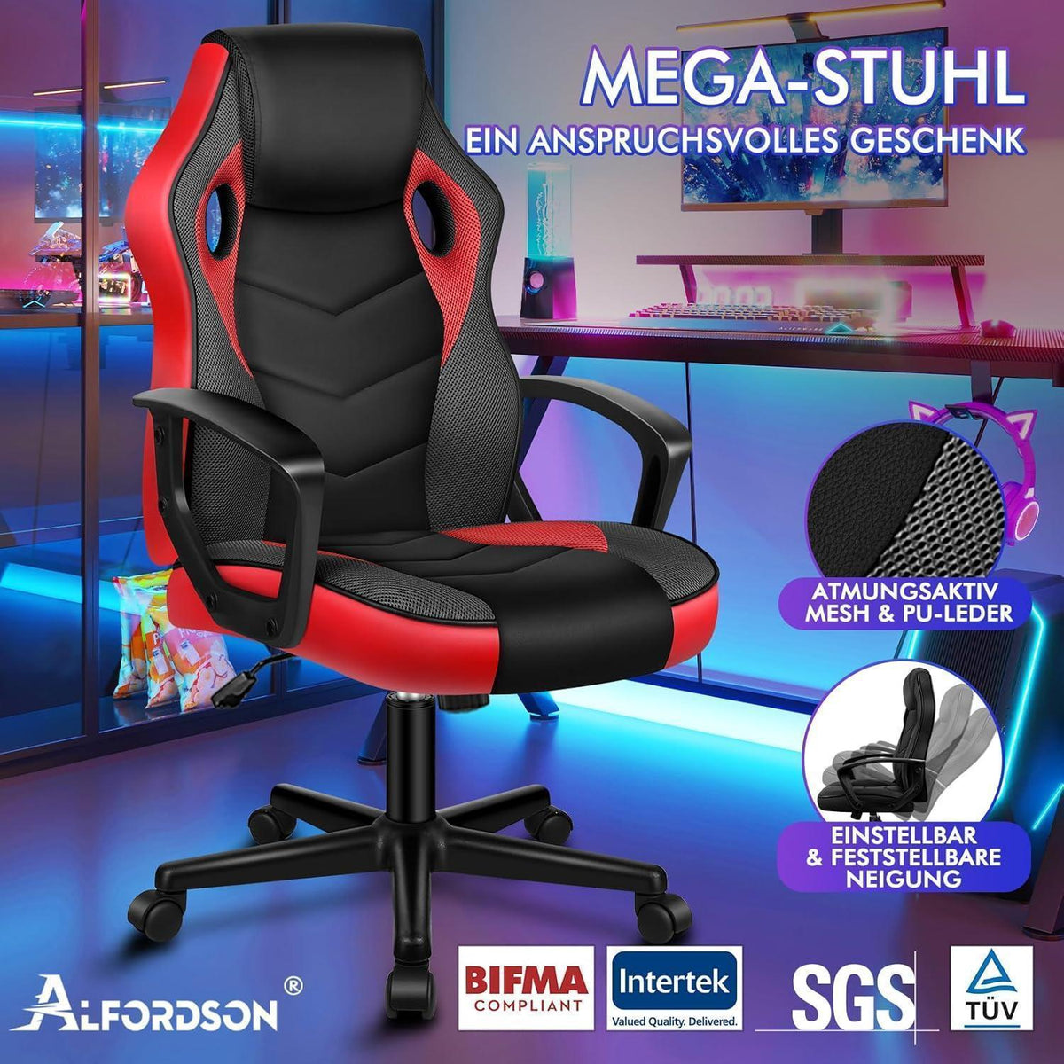 Ergonomischer Gaming-Schreibtischstuhl Rot Mega, 150 kg belastbar