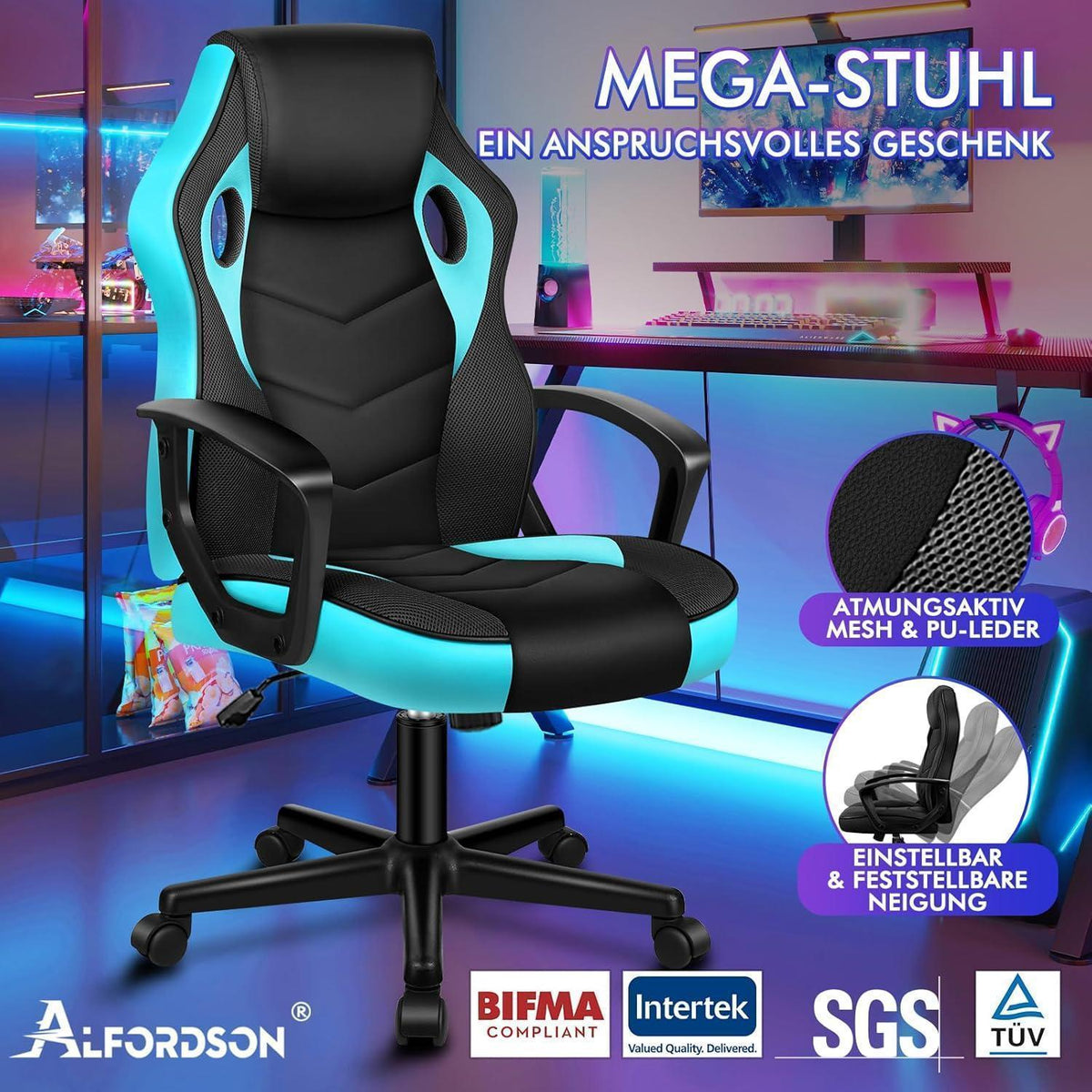 Ergonomischer Gaming-Schreibtischstuhl Cyan Mega