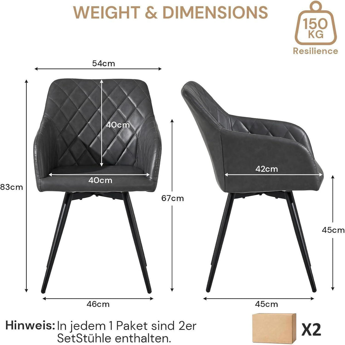 Drehbarer Esszimmerstuhl mit Armlehnen – Grau (2er Set) in Lederoptik