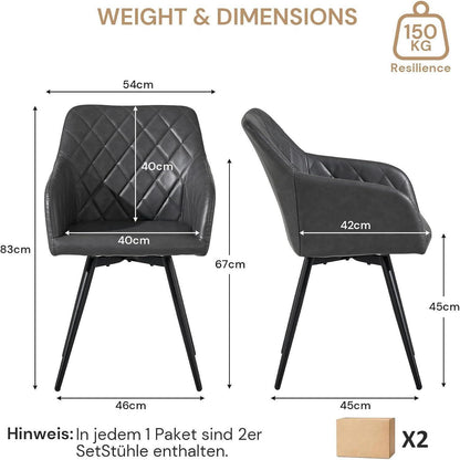 Drehbarer Esszimmerstuhl mit Armlehnen – Grau (2er Set) in Lederoptik