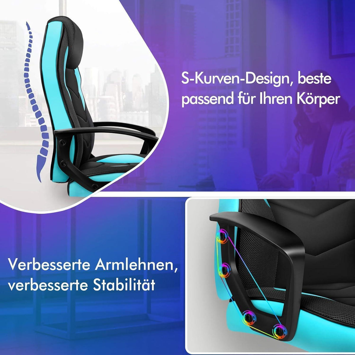 Ergonomischer Gaming-Stuhl mit mittlerer Rückenlehne, Cyan