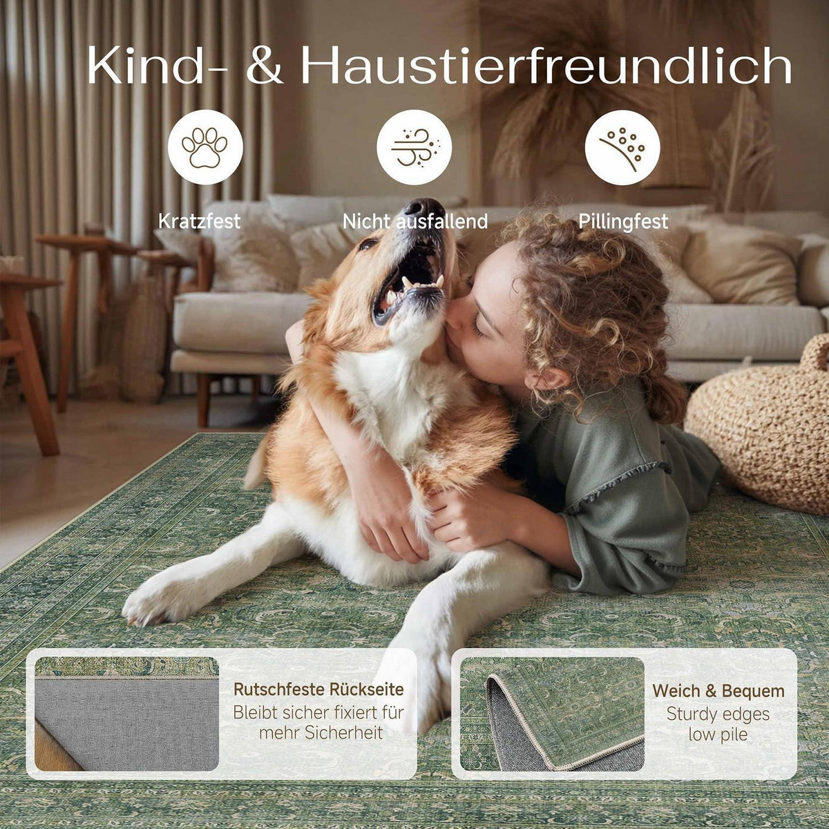 Grüner Vintage Teppich 160x230cm – Waschbar & Rutschfest
