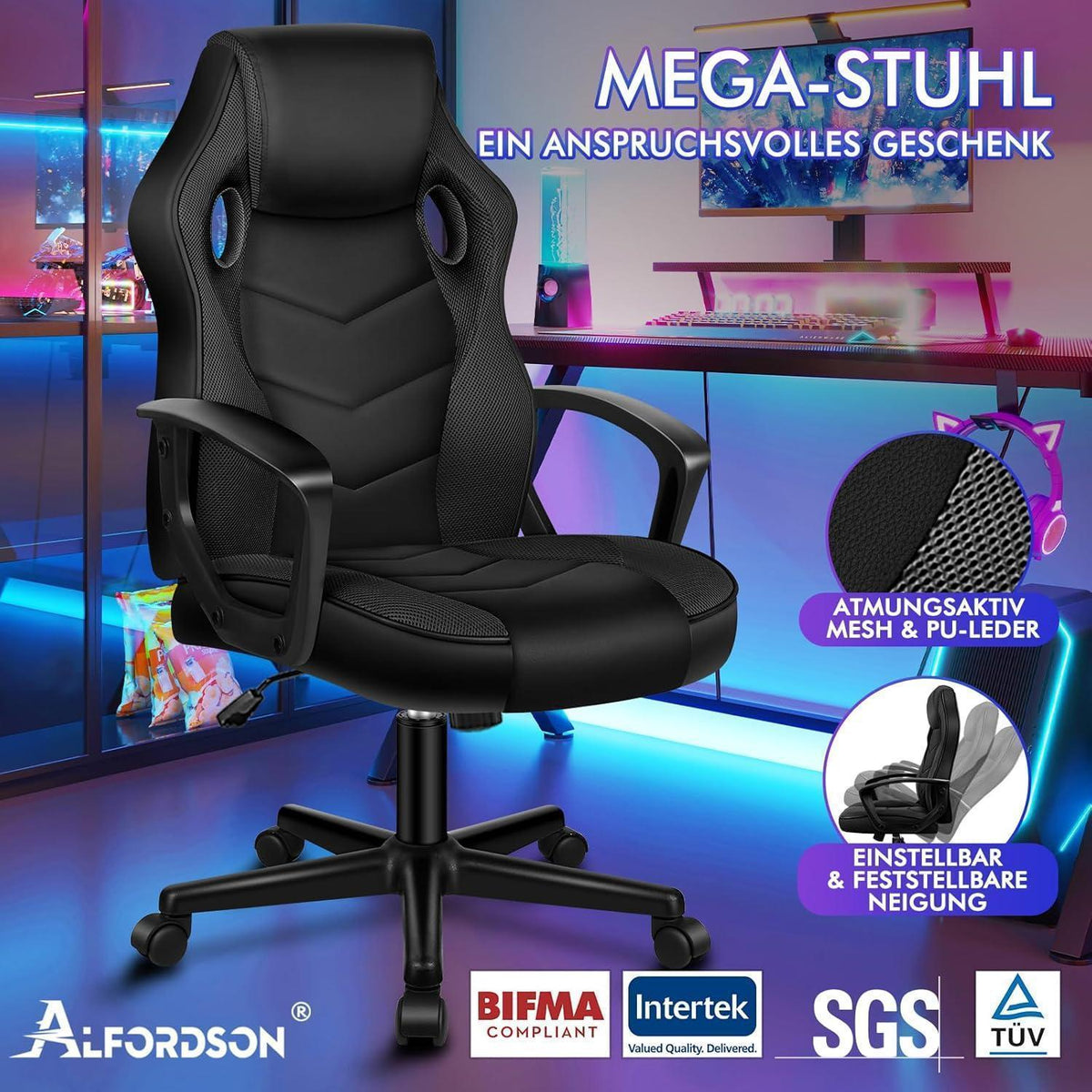 Ergonomischer Gaming-Schreibtischstuhl, höhenverstellbar, 150 kg belastbar
