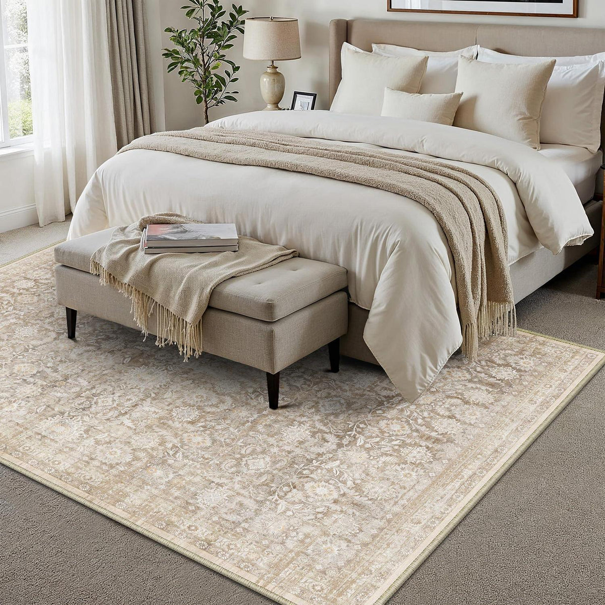 Vintage Teppich Beige 160x230cm Waschbar & Rutschfest