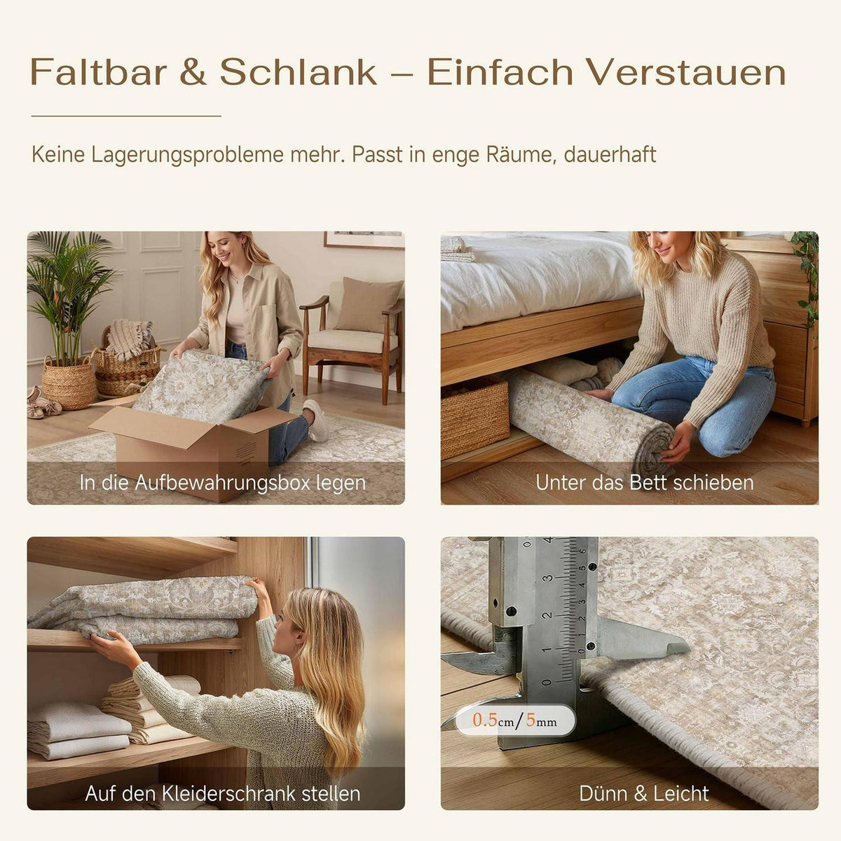 Vintage Teppich Beige 160x230cm Waschbar & Rutschfest
