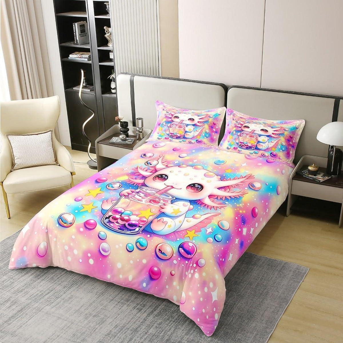 Axolotl Bettwäsche Set 135x200 Baumwolle Regenbogen Kawaii
